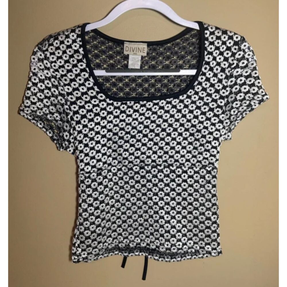 Divine 90s Black Silver Flower Sheer Back & Bottom Crop Top Women's S 1091